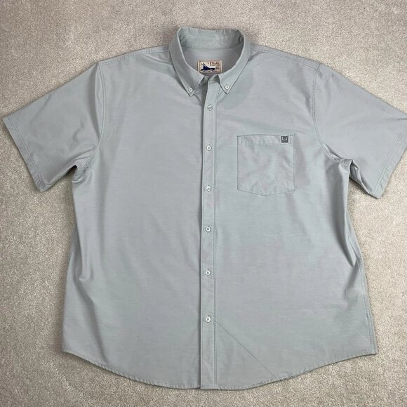 HUK Men's Kona Solid Short Sleeve Fishing Button Down Shirt Pocket Gray XXL 2XL - Picture 1 of 15